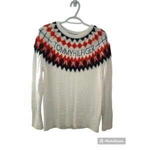 Tommy Hilfiger Women's Fair Isle Cable Knit Logo Crewneck Sweater Size Large